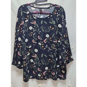 Emery Rose Womens XL Blue Blouse Floral Botanical Bloom Nature Garden 3/4 Sleeve